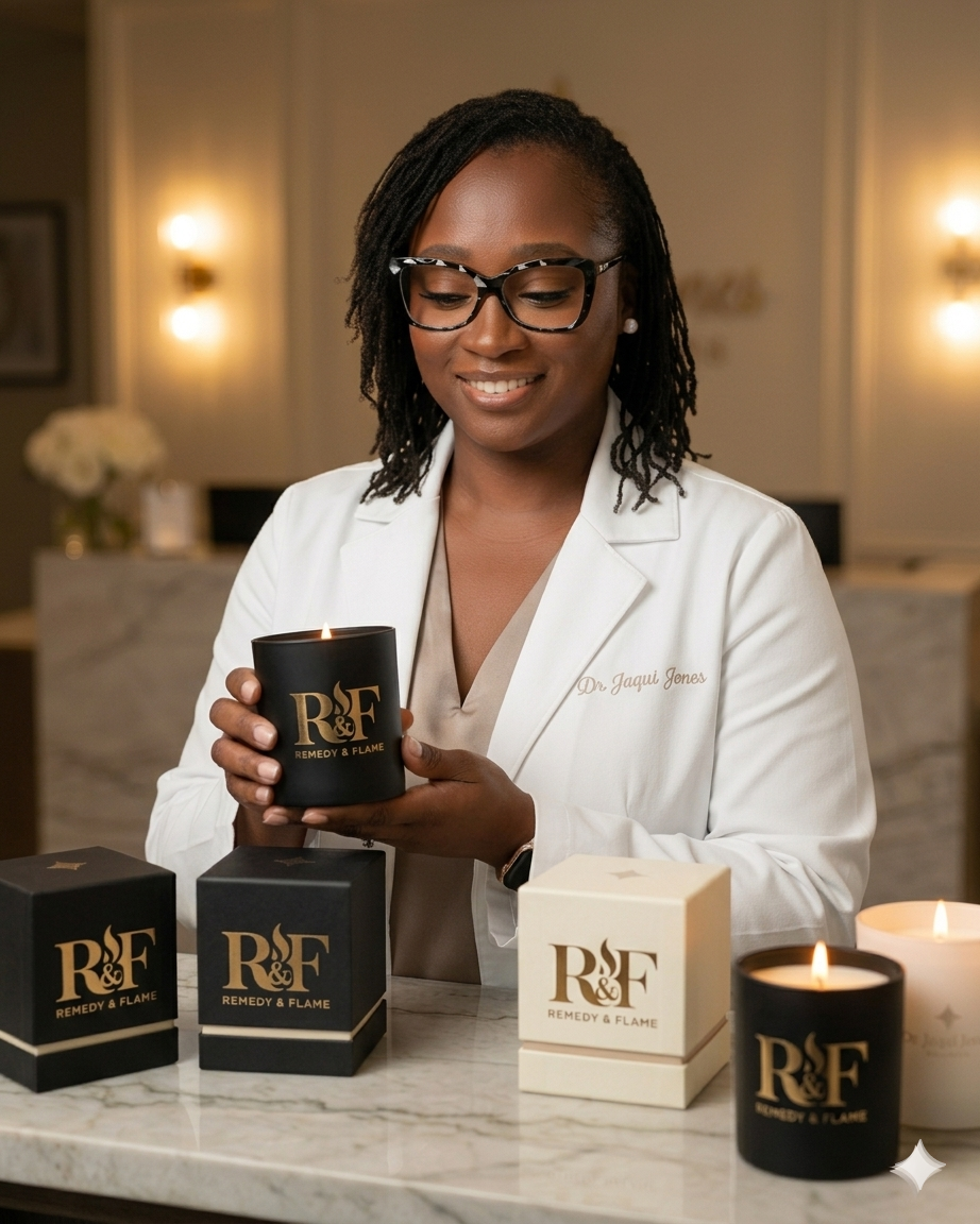 Dr. Jones holding the Remedy & Flame candle