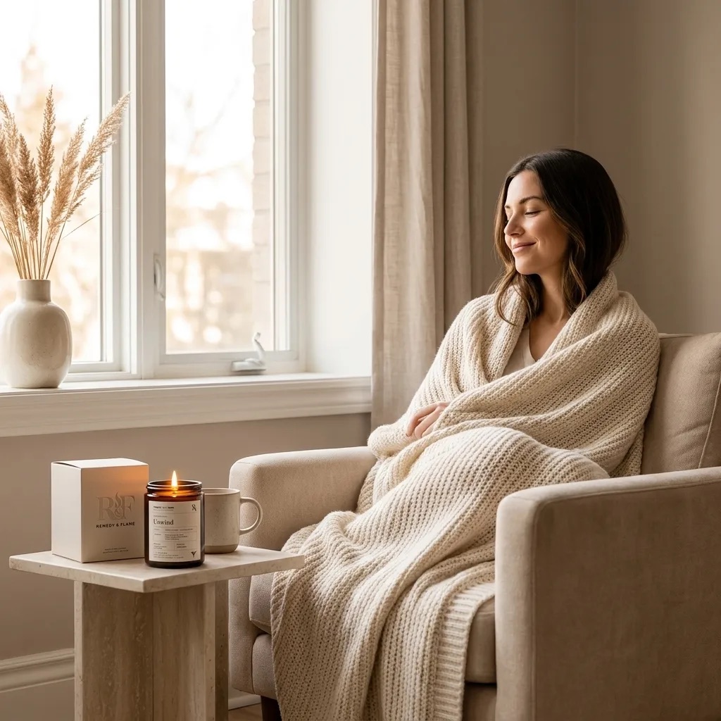 A woman seated near the candle, taking one deep breath