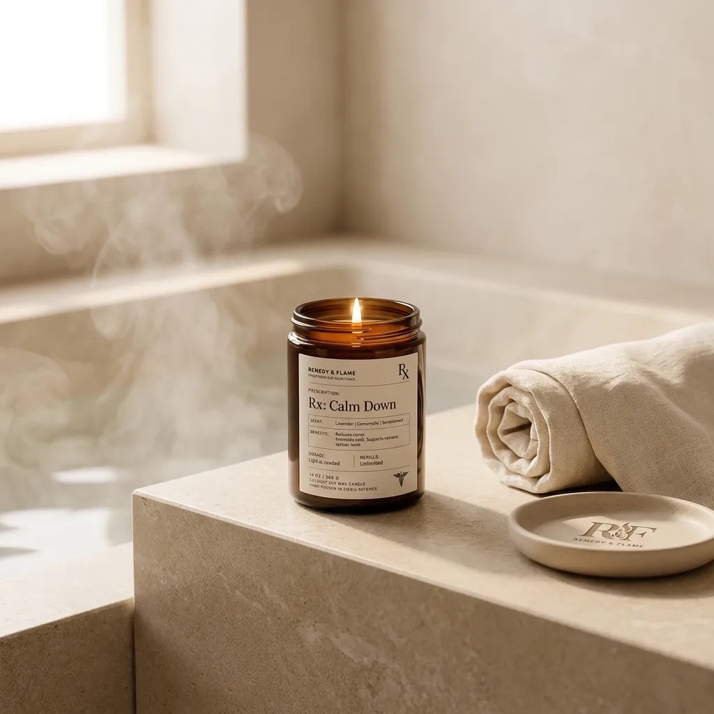The candle at the edge of a steaming bath