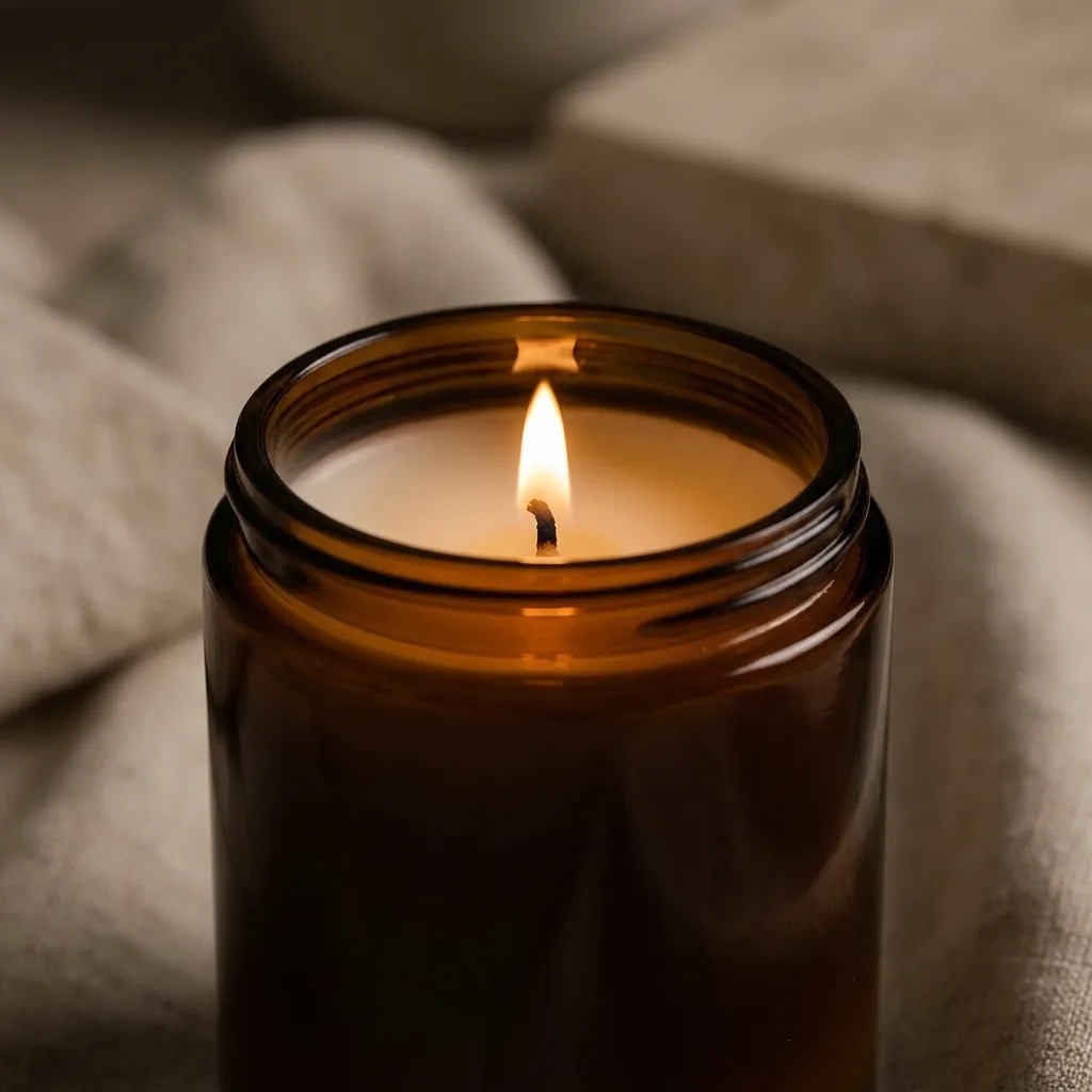 The lit candle alone in a near-dark room